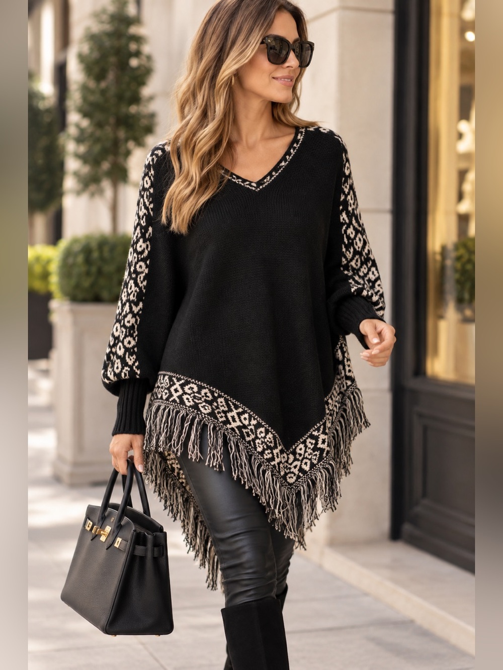 ShopEvelynne Black and Cream Patterned Poncho